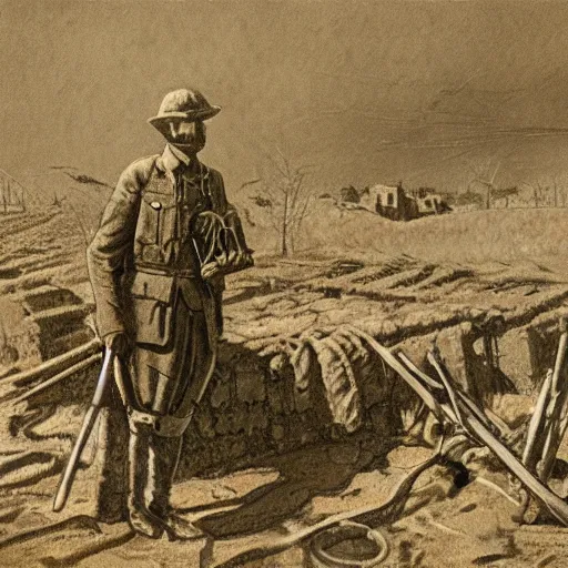 Image similar to ultra detailed photorealistic sepia - toned photograph from 1 9 1 7, a british officer in field gear standing at an archaeological dig site at petra, ultra realistic, painted, intricate details, lovecraft, atmospheric, dark, horror, brooding, highly detailed, by angus mcbride