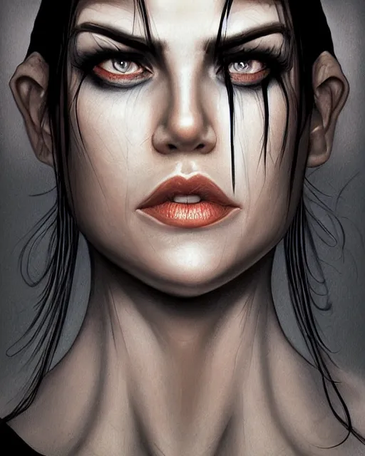 Image similar to portrait of evil a tall 4 0 - year - old woman with thin lips, heavy - lidded eyes, a strong jaw and long, thick shining black hair, thick eyebrows and long eyelashes, wearing in black clothes, hyper realistic face, beautiful eyes, character art, art by mark brooks, hyperdetailed, cryengine, trending on artstation, digital art