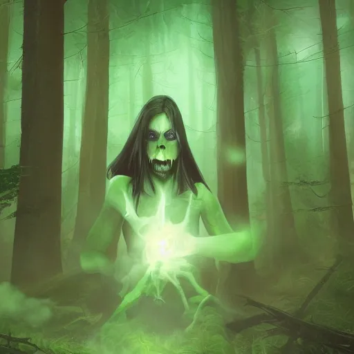 Image similar to a female necromancer is summoning her undead army in a forest, her hand emit a green vapour, dynamic pose, chromatic aberration , medium level shot, Grim fantasy, illustration ,digital painter, concept art,