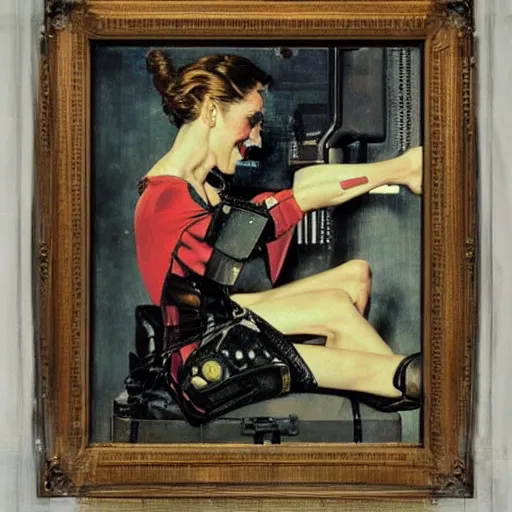 Image similar to portrait of a dapper cyberpunk woman so happy that her face hurts, by norman rockwell