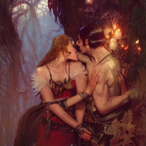 Image similar to attractive male fairy of the forest confesses his love to attractive male dracula the vampire. highly detailed painting by gaston bussiere, craig mullins, j. c. leyendecker 8 k