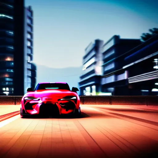 Image similar to a car toyota supra mark 3 A70 in middle of road, yokohama prefecture, city sunset night, cinematic color, photorealistic, highly detailed