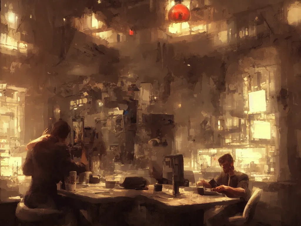 Prompt: programmer crushing computer with bare hands in a coffee shop, shocked viewers in the background, craig mullins, featured on artstation