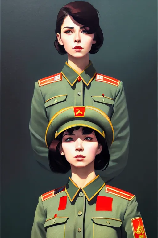 Image similar to a ultradetailed beautiful panting of a stylish woman wearing a soviet uniform, oil painting, by ilya kuvshinov, greg rutkowski and makoto shinkai, trending on artstation