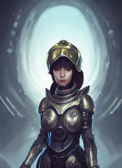 Image similar to of a full body, center frame hyper realistic digital art portrait of a timepunk war cleric in a futuristic pearl armor, tech helmet, dark gloomy environment. trending on artstation, art by lois van baarle by sung choi by john kirby artgerm style pascal blanche