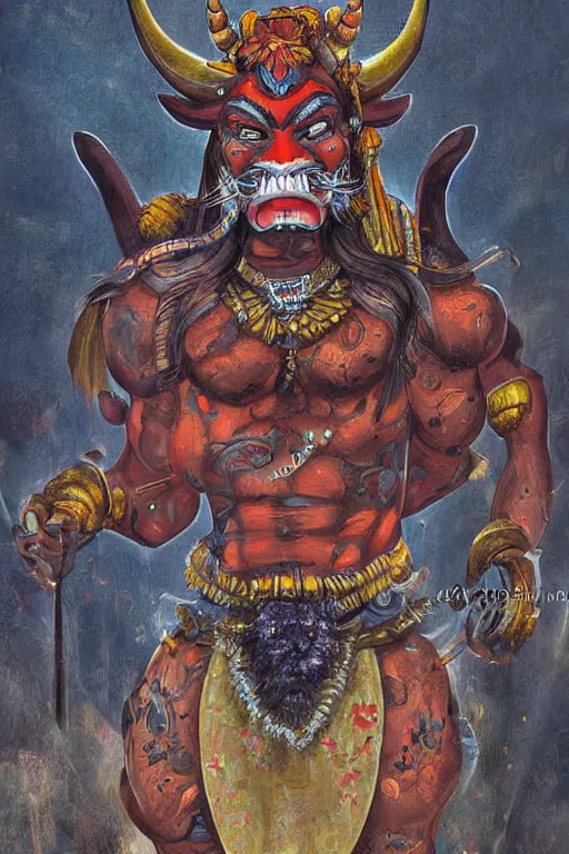 Image similar to beautiful Oni portrait, high detail, full body, mad painting