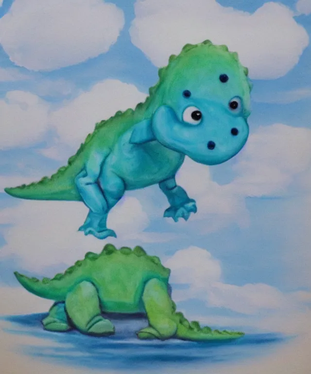 Image similar to a cute little dinosaur, water painting, cotton candy, fluffy clouds