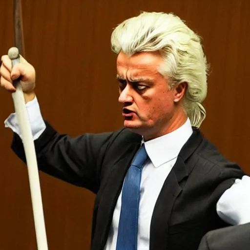 Image similar to geert wilders as judge raising hammer looking angry