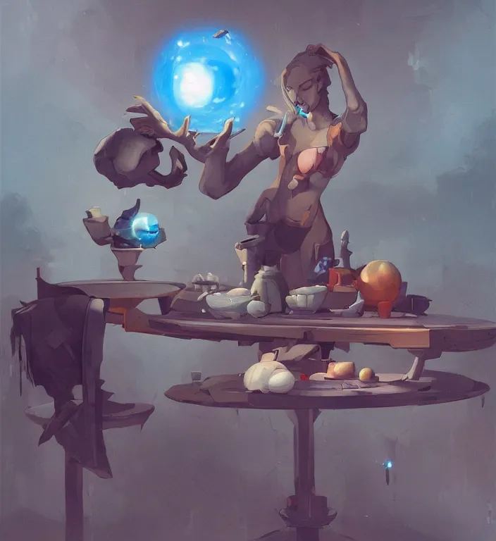 Image similar to a blue ball on a table, digital art by Peter Mohrbacher