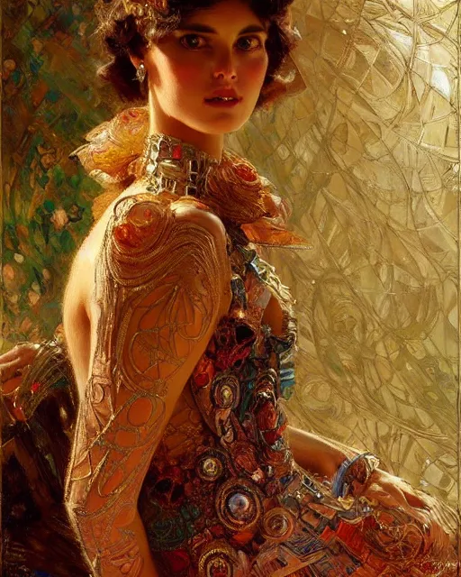 Image similar to an attractive fashion model wearing a complex dress surrounded by intricate geometric patterns. highly detailed painting by gaston bussiere, craig mullins, j. c. leyendecker 8 k