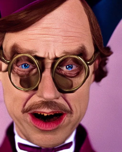 Prompt: film still close - up shot of steve buscemi as willy wonka from the movie willy wonka & the chocolate factory. photographic, photography