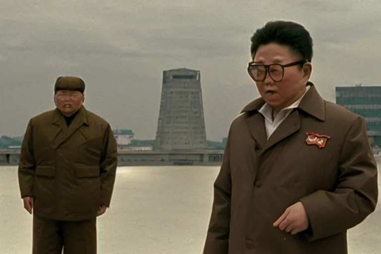 Prompt: a filmstill of Kim Jong-il looking at Starro Kaiju monster destroying Pyongyang, in Stalker (1979) by Andreï Tarkovski, traditional Korean city, palace, epic ultrawide shot, cinémascope