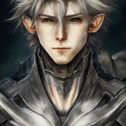 Prompt: portrait of an elf by ayami kojima, he is about 2 0 years old, androgenic, long white hair, slender and tall, smirk, he is wearing a modern tactical gear, scifi, highly detailed portrait, digital painting, artstation, concept art, smooth, sharp foccus ilustration, artstation hq