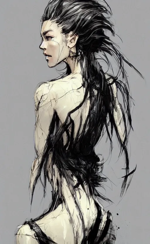 Prompt: a woman sitting in a long gown, her back is to us completely, pinterest hair picture, back of the hair, long In style of Yoji Shinkawa and Hyung-tae Kim, concept art, highly detailed