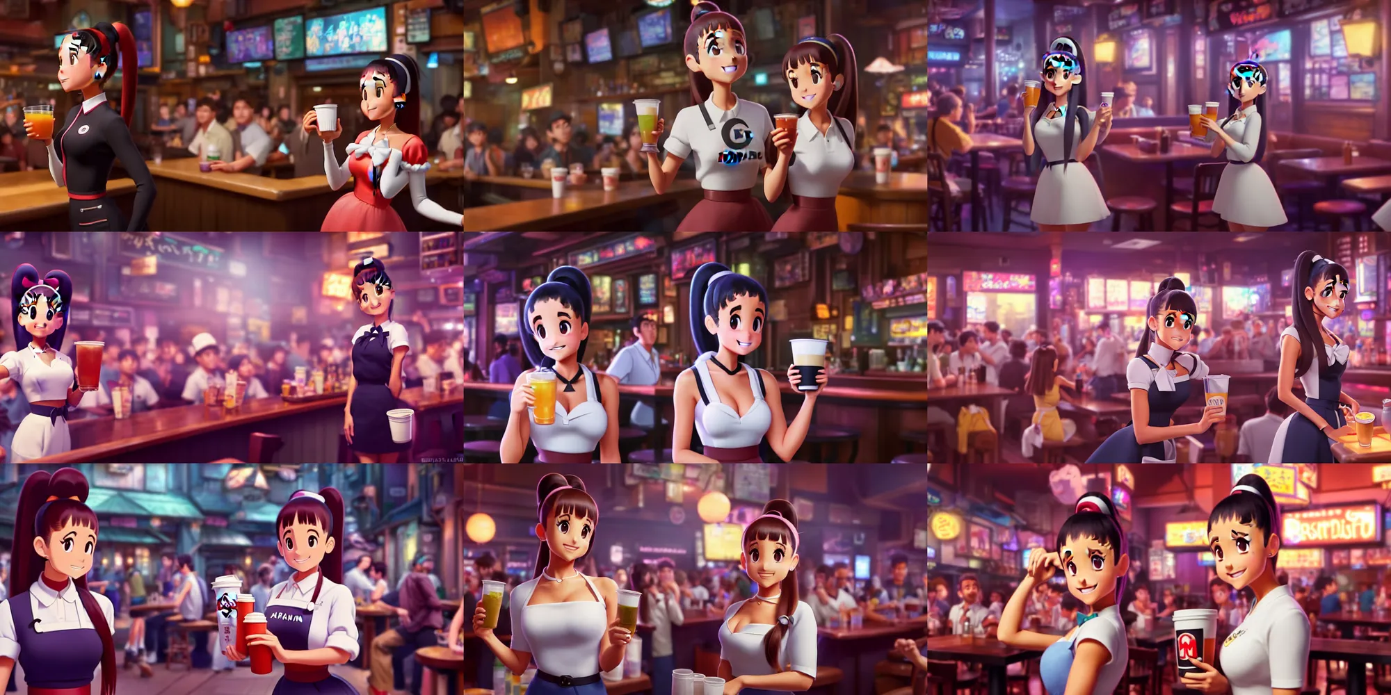 Prompt: a wholesome animation key shot of ariana grande as a waitress carrying drinks in a crowded downtown bar, medium shot, waist up, studio ghibli, pixar and disney animation, sharp, rendered in unreal engine 5, anime key art by greg rutkowski, bloom, dramatic lighting