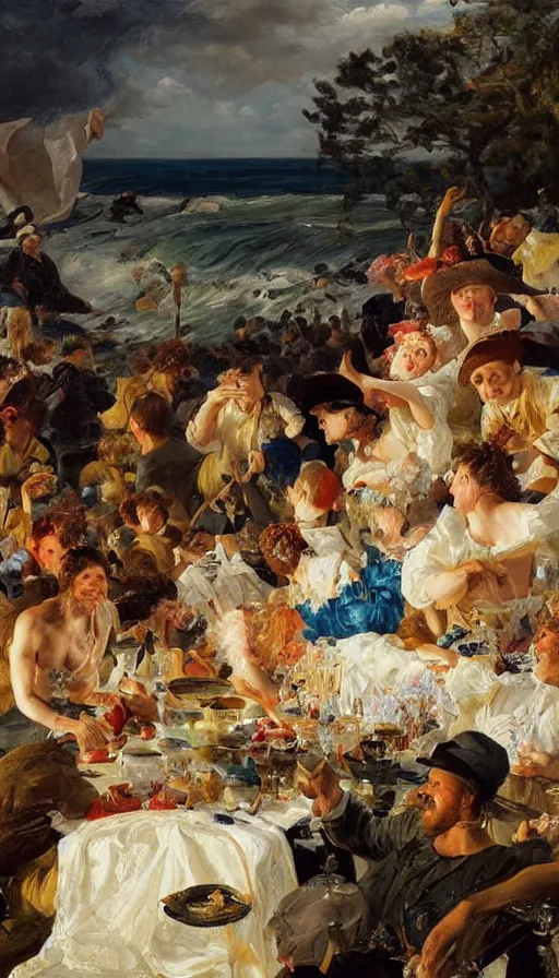 Prompt: still life painting of midsummer party getting hit by massive tsunami wave, by Peder Krøyer, golden hour, dramatic lighting, epic, gargantuan, intricate detail, canvas print