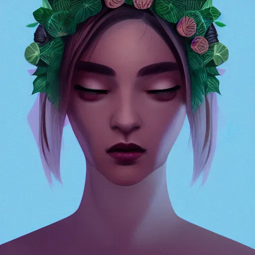 Image similar to face portrait of a polygon art, plants on head, inspired by lois van baarle, cinematic, 8 k