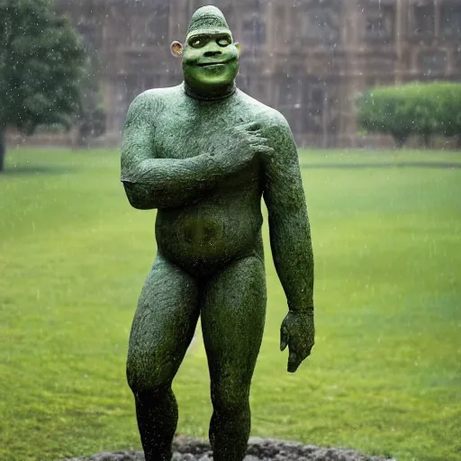 Prompt: A monumental, 10 feet tall bronze sculpture of Shrek standing, in the middle of a rainy courtyard, contrapposto, natural overcast lighting, museum catalog photography, F 2.8, 85mm Velvia 100, high DOF