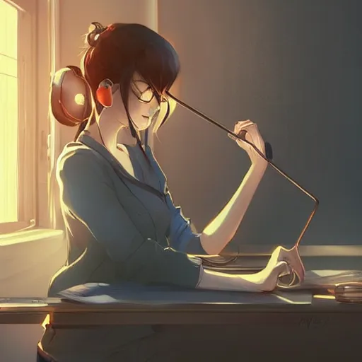 Image similar to attractive girl, hair in messy bun, wearing headphones, studying at desk, bedroom setting, golden hour, digital art, art by rossdraws, artgerm, anime scenery by Makoto Shinkai