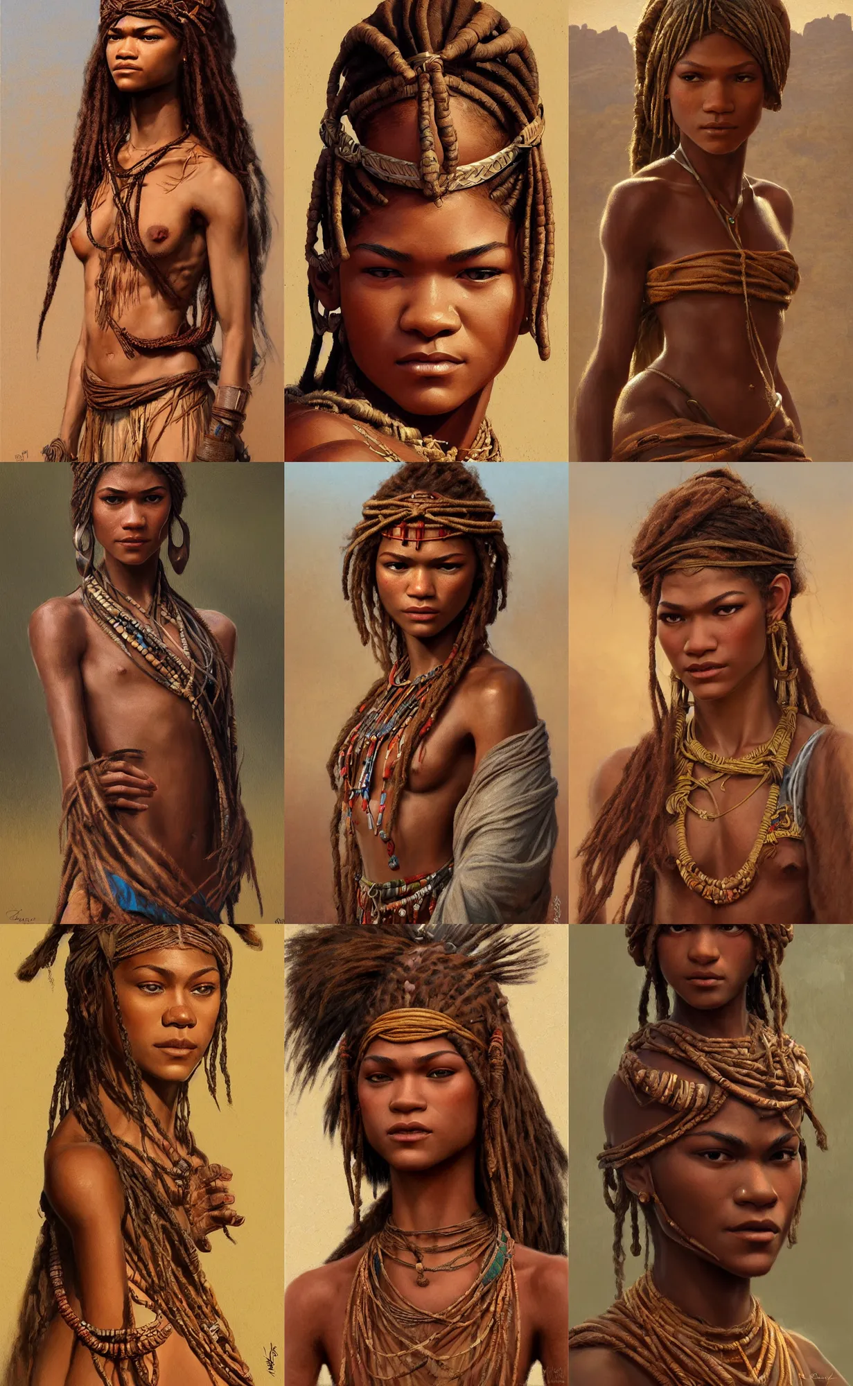 Prompt: zendaya as himba, intricate, elegant, highly detailed, digital painting, artstation, concept art, smooth, sharp focus, illustration, art by rutkowski, orientalism, bouguereau