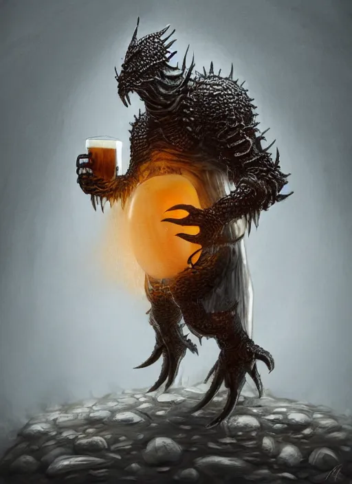 Prompt: egg carrier monster drinks beer, beer, glass, beer mug in hand, intricate, triumphantly, foggy background, full body art, dark souls, drawing, concept art, artstation, digital painting