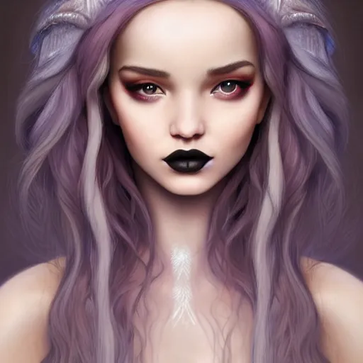 Image similar to tom bagshaw, very beautiful genetic mix of dove cameron madison beer bella poarch in a goddess dress, randomly lustrous colored hair, thin gothic makeup, professionally retouched, focus eyes, ultra realistic soft painting, insanely detailed linework, symmetrical accurate intricate features, behance artstation, 8 k