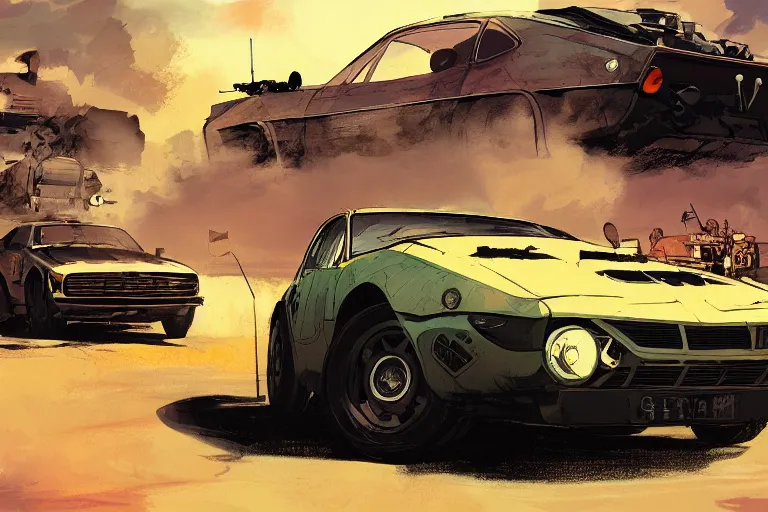 Image similar to digital illustration of mad max's tvr pursuit special, by makoto shinkai, ilya kuvshinov, lois van baarle, rossdraws, basquiat