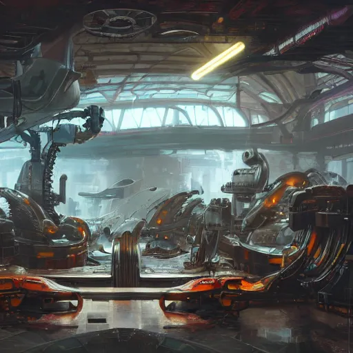 Image similar to the inside of a futuristic mechanic spaceshop coc, highly detailed interior, scrap metal on workbenches, half - finished robot, holographic screen in center frame by peter mohrbacher, trending on artstation, cryengine render, 8 k