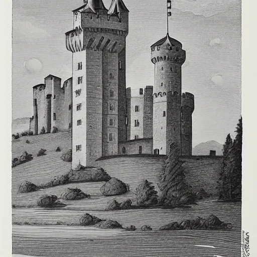 Prompt: a castle with many storey and towers in a serene landscape by archipenko olexandr