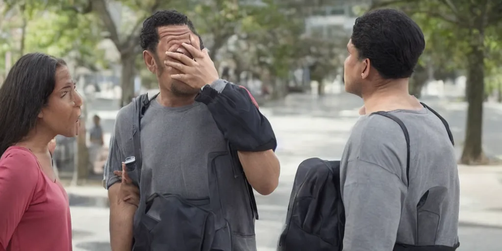 Prompt: an establishing shot of a woman who appears to be verbally scolding a man that is in tears