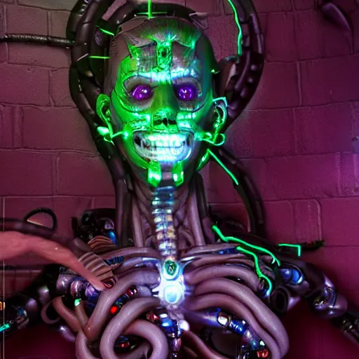 Image similar to real life terminator gorgon medusa with borg implants and robotic snakes coming out of her head sitting at a cafe having a cup of coffee. Tiny green led lights in her cybernetics. very detailed 8k