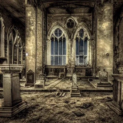 Image similar to a decaying haunted church, night, thunderstorm, lights in windows, tombstones, ghosts and spirits