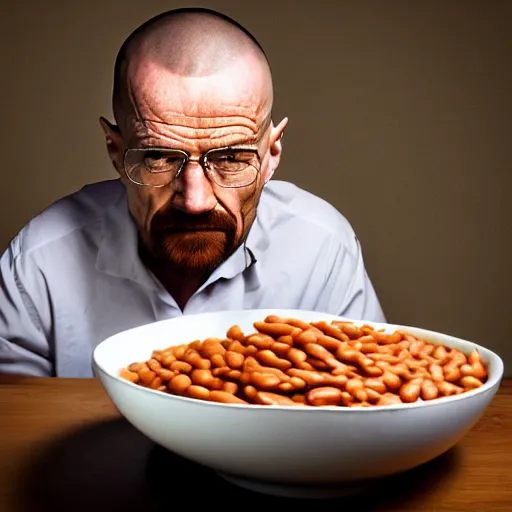 Prompt: walter white eating baked beans, photography,