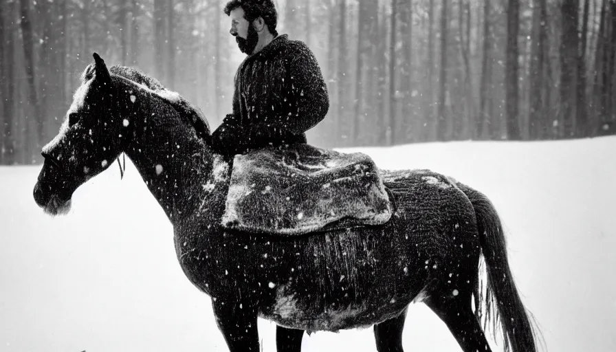 Prompt: 1 9 6 0 s movie still close up of marcus aurelius + horse frozen to death under the snown by the side of a river with gravel, pine forests, cinestill 8 0 0 t 3 5 mm b & w, high quality, heavy grain, high detail, texture, dramatic light, anamorphic, hyperrealistic, detailed hair, foggy