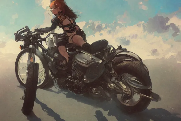 Image similar to a girl is riding a motorbike, digital painting, artstation, the space background,concept art, sharp focus, illustration, art by Krenz Cushart and Artem Demura and alphonse mucha