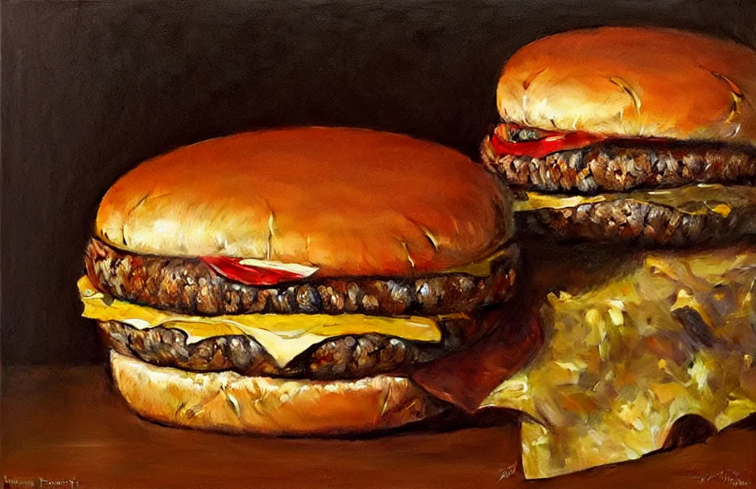 Prompt: portrait of whopper cheeseburger!!!!!!!!!!!!!!!!!!!!!!!!!!!, detailed face, detailed painting,, epic lighting, by ilya repin, phil hale and kent williams