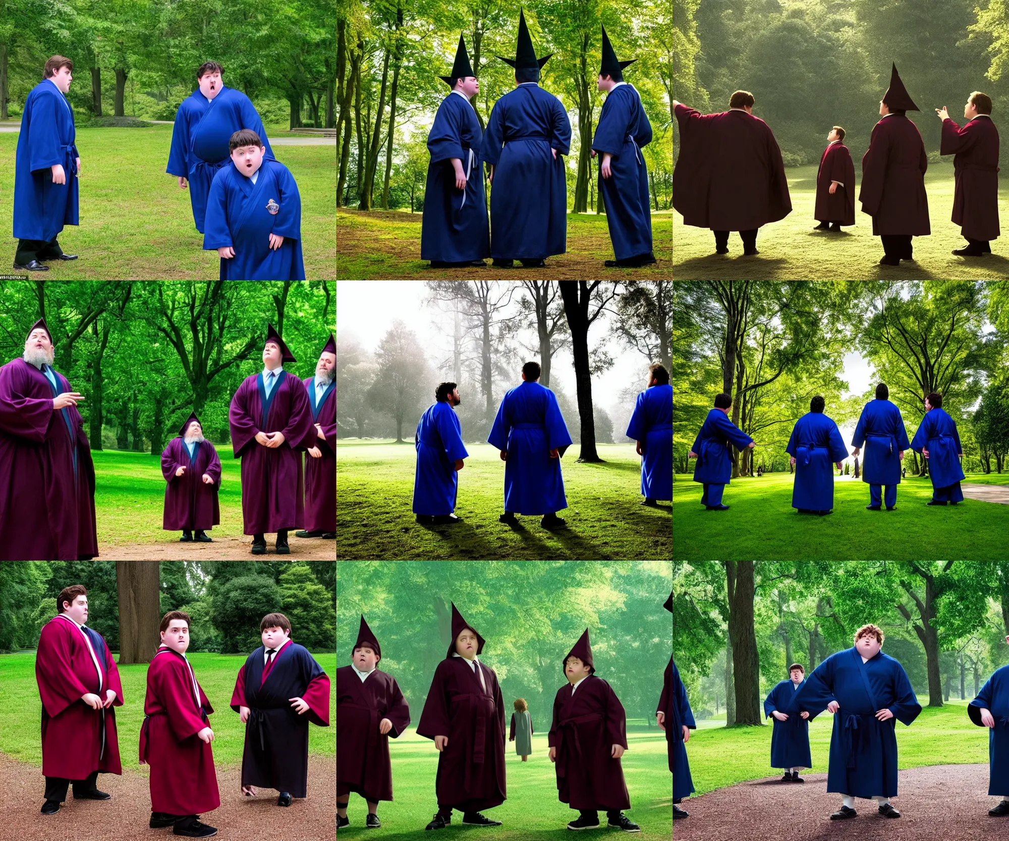 Prompt: sharp, highly detailed, film from a 2 0 0 2 drama 8 k movie, two chubby wizards appear in a park in 2 0 1 9, a short male wizard and a tall male wizard, wearing robes and neckties, atmospheric lighting, in focus, reflective eyes, 3 5 mm macro lens, live action, nice composition