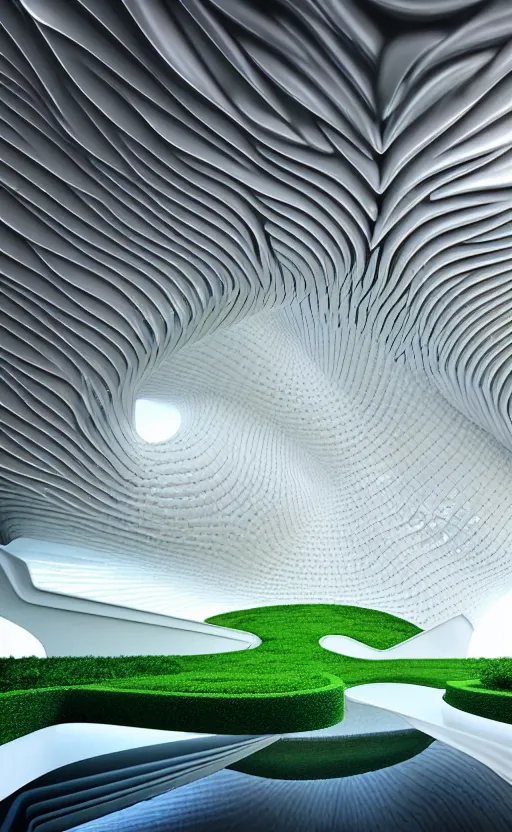 Prompt: villa parametric architecture fluid design, vincent callebaut well - defined style, ultra detailed, monochromatic, natural volumetric lighting, generative art nebula, cinematic, photo realistic, hyper real, surreal design, flow everywhere, walls made of crystal clear water, black metal, magnesium, 8 k,