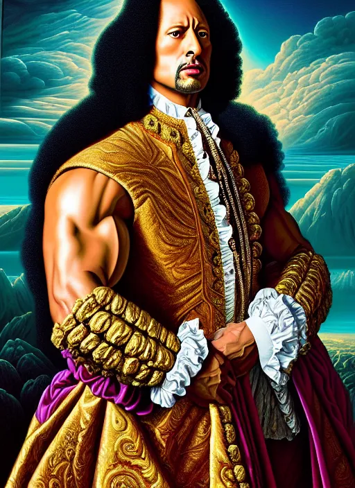 Image similar to beautiful oil painting, full length portrait of dwayne Johnson as Louis xiv in baroque coronation robes 1701, Dan Mumford , Dan Mumford, hyacinthe rigaurd , Alex grey, highly detailed , lsd visuals, dmt fractal patterns, visionary art, psychedelic art, ornate, vaporwave, baroque, Greg rutkowski