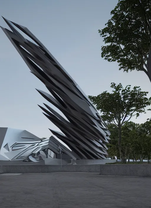 Prompt: highly detailed realistic architecture 3 d render of a wood and metal stele monument in zaha hadid style standing on a side of a road, archdaily, made in unreal engine 4 octane render