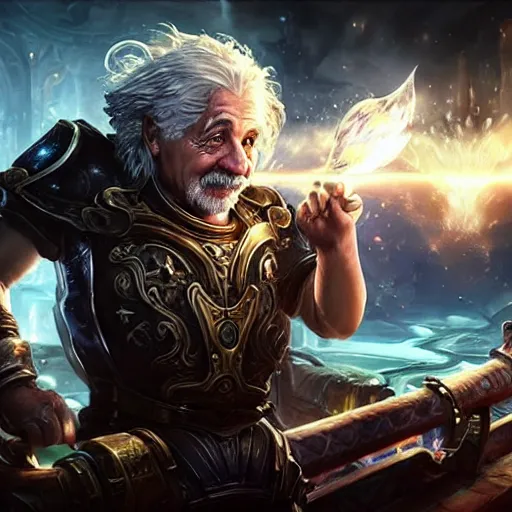 Image similar to portrait of albert einstein as a spellcaster, league of legends amazing splashscreen artwork, gears of war, splash art, natural light, elegant, photorealistic facial features, intricate, fantasy, detailed face, atmospheric lighting, anamorphic lens flare, cinematic lighting, league of legends splash art, hd wallpaper, ultra high details by greg rutkowski