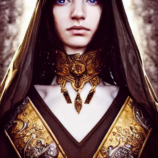 Image similar to beautiful female cleric with long black hair and a golden eye, focus on face, jewellery, fantasy, medieval, still, photograph, highly detailed, cinematic, romani descent, dramatic, dynamic lighting, award winning, masterpiece, trending on artstation