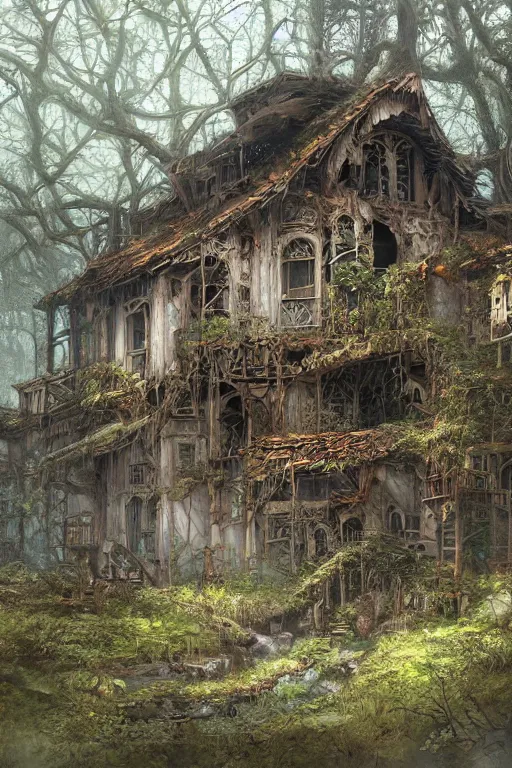 Image similar to an abandoned and overgrown ramshackle multistory hut in the woods, intricate, elegant, fantasy, highly detailed, digital painting, concept art, sharp focus, illustration, artstation, art by James Gurney