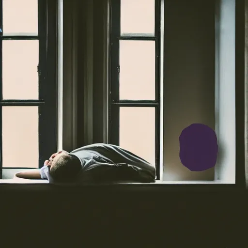 Image similar to man sleeping, a boy with purple hair and cat ears standing in window, dark lighting