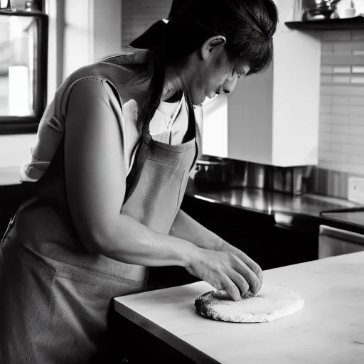 Image similar to photo of an anthropomorphic mini pinscher baking bread and wearing a kitchen apron, 4 k, noir photography