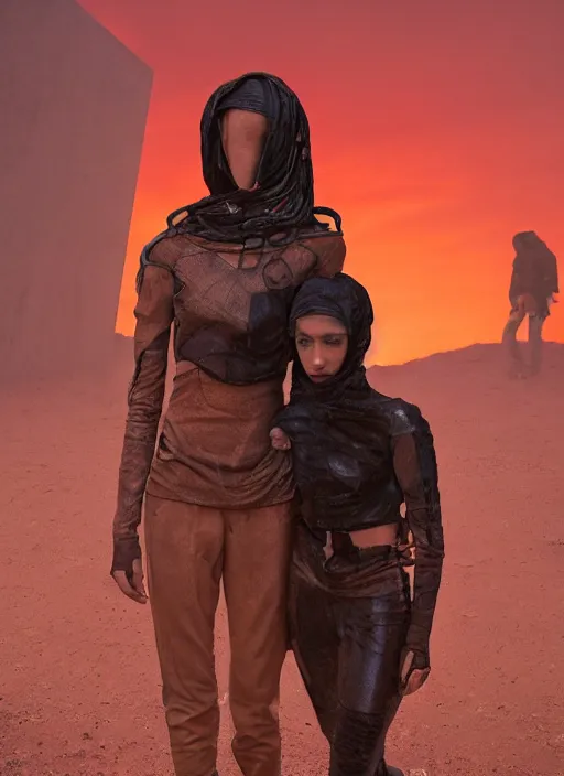 Image similar to cinestill 5 0 d photographic portrait by steve mccurry of two loving female androids wearing rugged black mesh techwear in a brutalist compound with a red sky, extreme closeup, cyberpunk style, dust storm, 8 k, hd, high resolution, 3 5 mm, f / 3 2, ultra realistic faces, ex machina