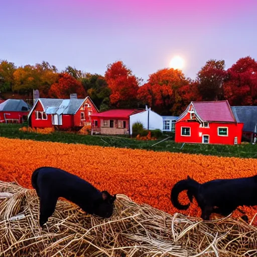Prompt: Amazing Autumn Village at dusk October Scenery Spooky Vibrant Colorful warm glowing windows people walking black cat on the fence bails of hay pumpkins corn fields