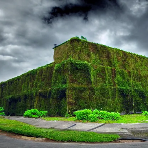 Prompt: a building covered with small green leaves under a cloudy sky,high detailes