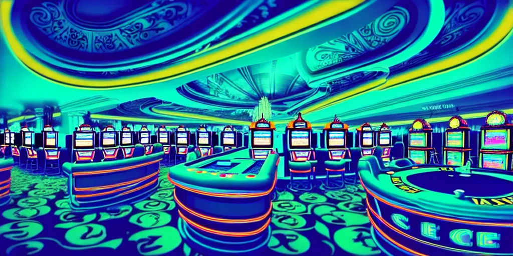 Image similar to extreme wide angle curly perspective digital art of indoor casino with a stage pale colors by anton fadeev from nightmare before christmas