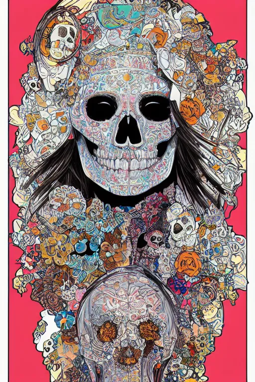 Image similar to skull portrait girl female skeleton illustration detailed patterns art of thai traditional dress, pop art, splash painting, art by geof darrow, ashley wood, alphonse mucha, makoto shinkai